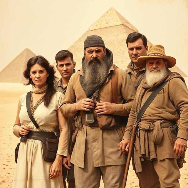 Sei persone in abiti da esplorazione davanti alle piramidi di Giza: una donna, due giovani, un uomo con una lunga barba, un uomo in piedi dietro e un anziano con cappello e bastone
